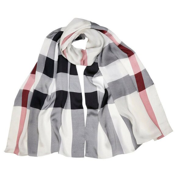New Burberry Check Print Ivory Silk Satin Scarf - Picture 10 of 15